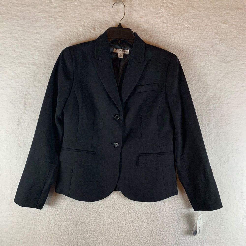 Pendleton Women's Two Button Front 100% Virgin Wool‎ Blazer Black Size 6 NWT